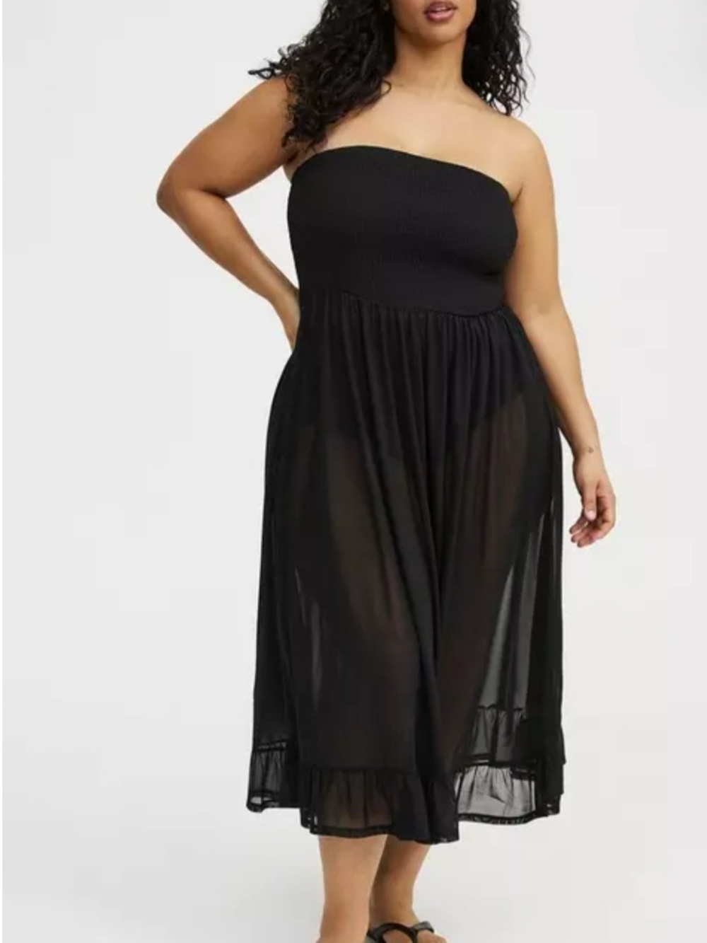 Mesh Smocked Swim Maxi Cover-Up (Plus)